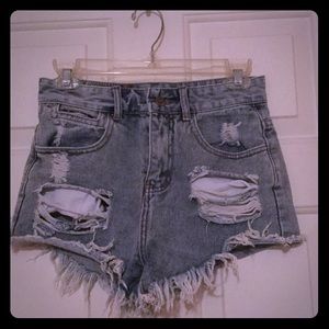 Destroyed light denim high waisted shorts